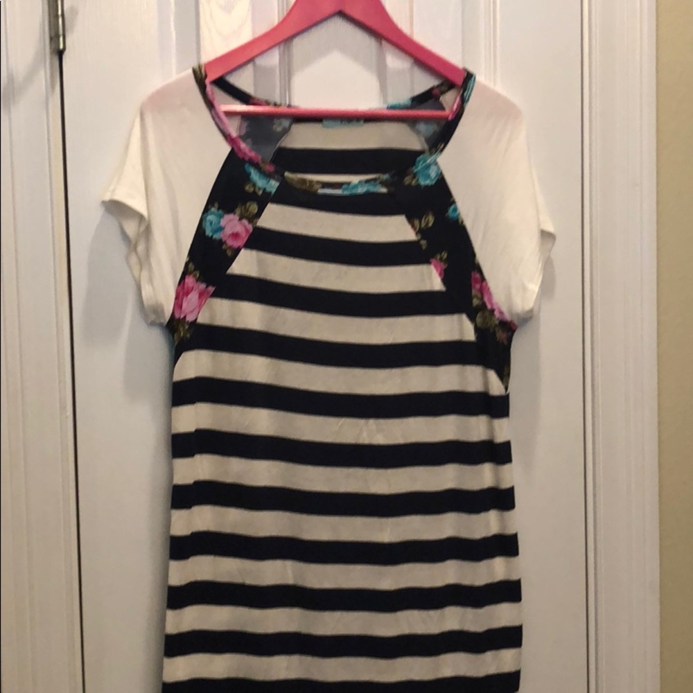 Navy & White Striped Top with flowers!